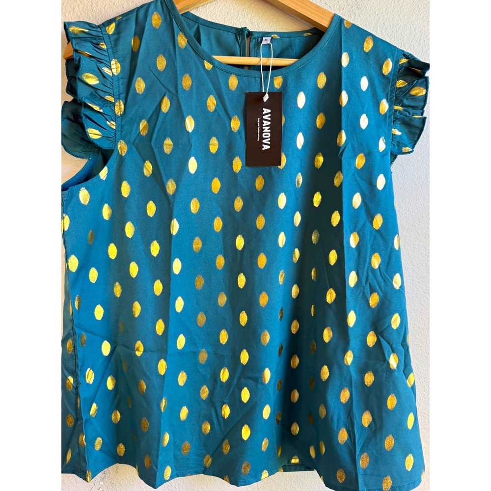 NWT AVANOVA Women's Teal/Gold Polka Dot Ruffle Sleeveless Blouse Button Medium